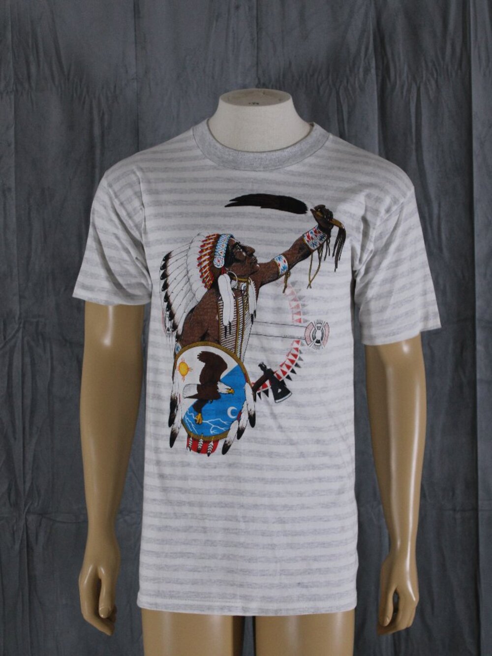 Vintage Graphic T-shirt - Native Eagle Graphic Striped Shirt - Men's Medium